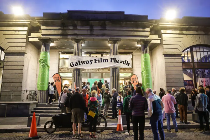 Crowds gather at Town Hall Theatre for Galway Film Fleadh 2025, near The Dawson Hostel Galway

