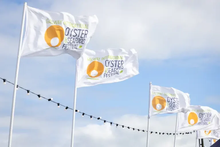 Flags flying at the Galway Oyster & Seafood Festival 2025 near Eyre Square, close to The Dawson Hostel Galway