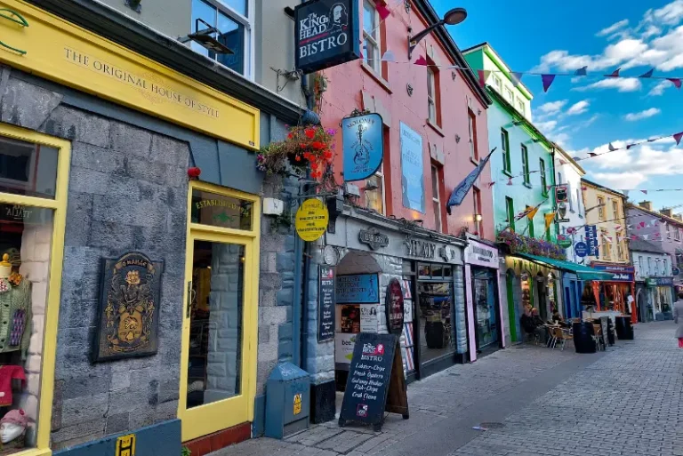 Colourful Shop Street in Galway city centre near cosy cafés and The Dawson Hostel in January