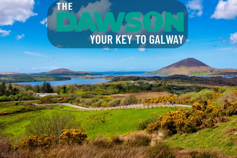 Connemara hills, gorse and lakes near Galway, a car-free day trip from The Dawson Hostel Galway 