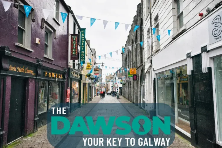 People walking car-free Shop Street in Galway city centre, minutes away on foot from The Dawson Hostel Galway