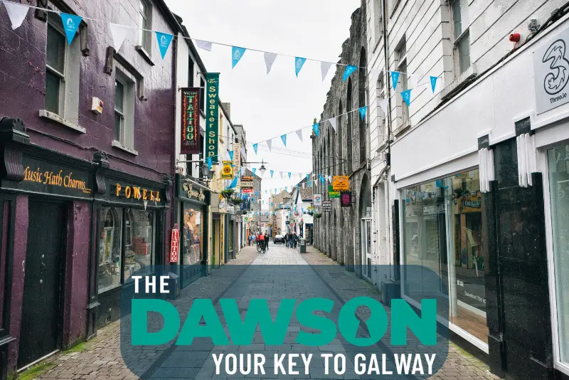 People walking car-free Shop Street in Galway city centre, minutes away on foot from The Dawson Hostel Galway