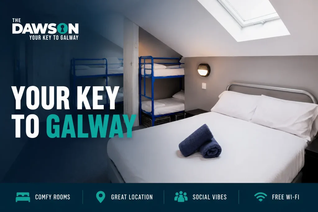 What to expect at The Dawson Hostel Galway: a bright dorm with bunk beds and a double bed